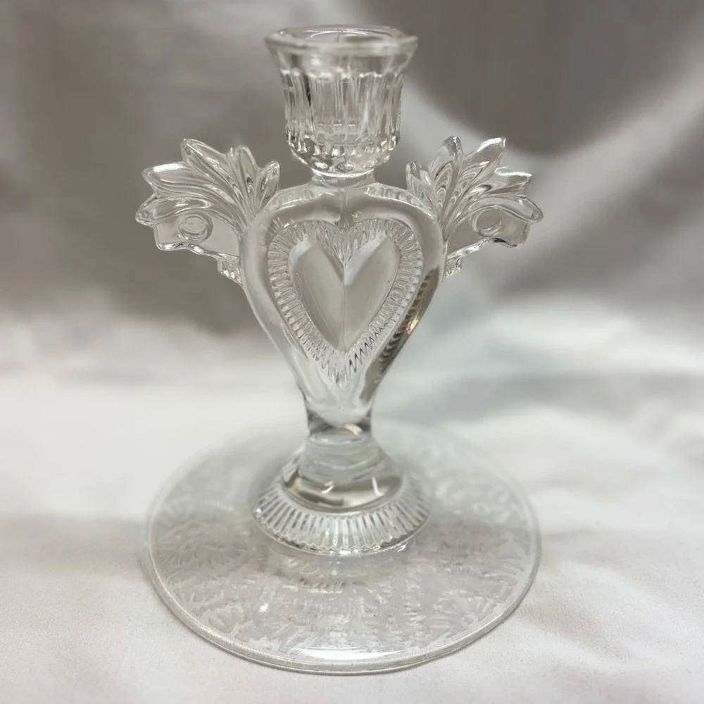Unbranded Heart Wing Candlestick Holder OS Clear Excellent Vintage Pressed Glass